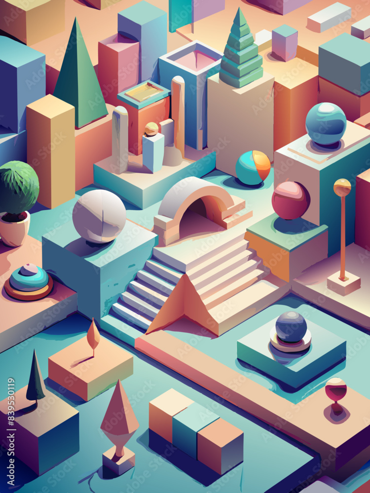 Colorful Abstract Geometric Shapes Landscape in Isometric View Colorful Abstract Geometric Shapes Landscape in Isometric View