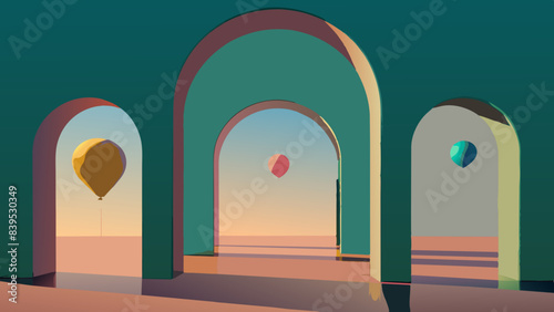 Enchanting Arched Doorways with Floating Balloons at Sunset