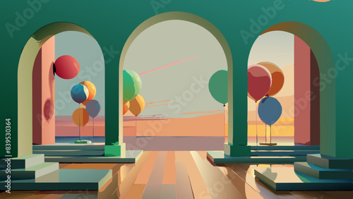 Serene Archway Balcony View with Floating Balloons at Sunset