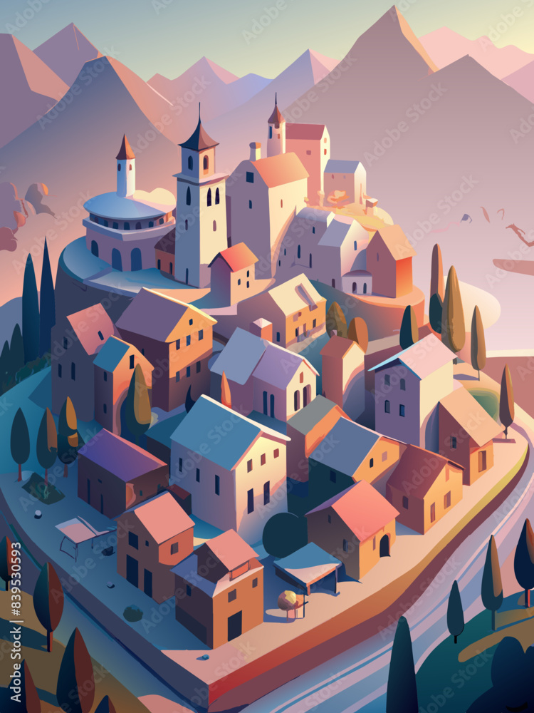 Picturesque Mountain Village at Sunset Illustration