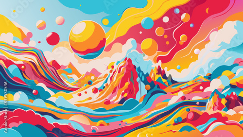 Vibrant Abstract Landscape with Colorful Swirls and Spheres