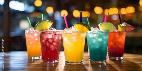 Various colorful tropical cocktails in a tiki bar setting with blurred background. Concept Tropical Cocktails, Tiki Bar, Colorful Drinks, Blurred Background, Beach Vibes