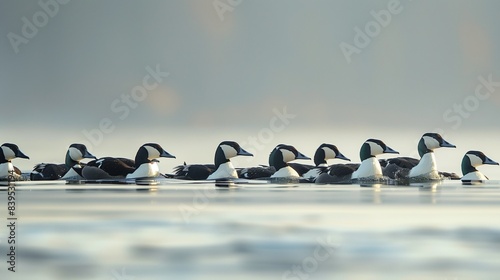 A group of eiders diving in unison, their rounded bodies creating a series of smooth indentations in the calm sea. photo