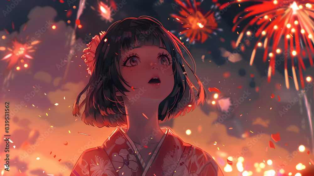 Japanese woman dressed as geisha, wearing a kimono and looking to the firework illustration Japanese woman dressed as geisha, wearing a kimono and looking to the firework illustration