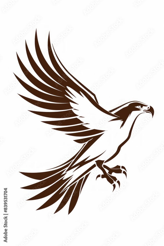 stylized brown osprey soars through the air with its wings outstretched. The bird is depicted in a minimalist style against a white background, creating a clean and modern aesthetic. stylized brown osprey soars through the air with its wings outstretched. The bird is depicted in a minimalist style against a white background, creating a clean and modern aesthetic.