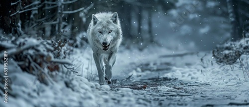 Description: An electrifying ultra sharp photo captures an angry lone white wolf traversing a snowy