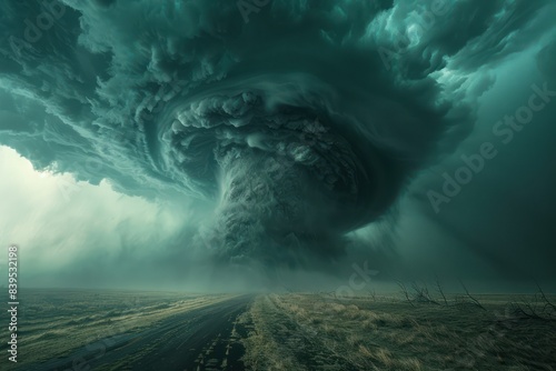 Dramatic image of a massive tornado swirling ominously over a desolate road, with dark clouds covering the sky.