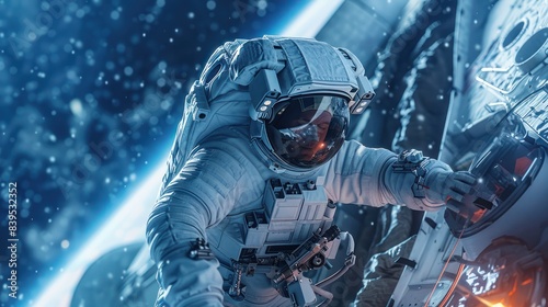 Astronaut in space suit performing a spacewalk outside a spacecraft with Earth in the background, showcasing the wonders of space exploration.