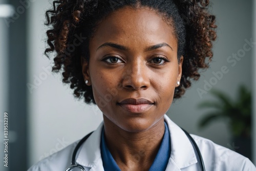 Close up portrait of black female doctor looking in clinic photo