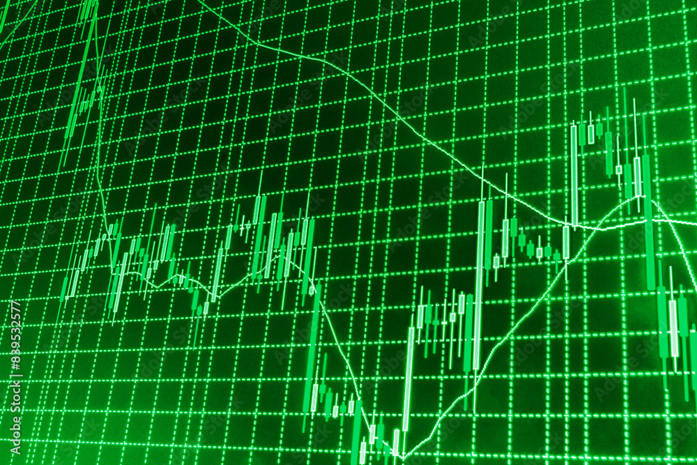 Fototapeta premium Business abstract stock exchange screen Business data shown on computer screen Candle stick graph chart of stock market investment trading Ticker board blue Green blue color Green color