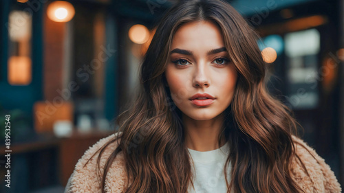 Stunning portrait of a beautiful brunette woman influencer and model with gorgeous brown colored hair