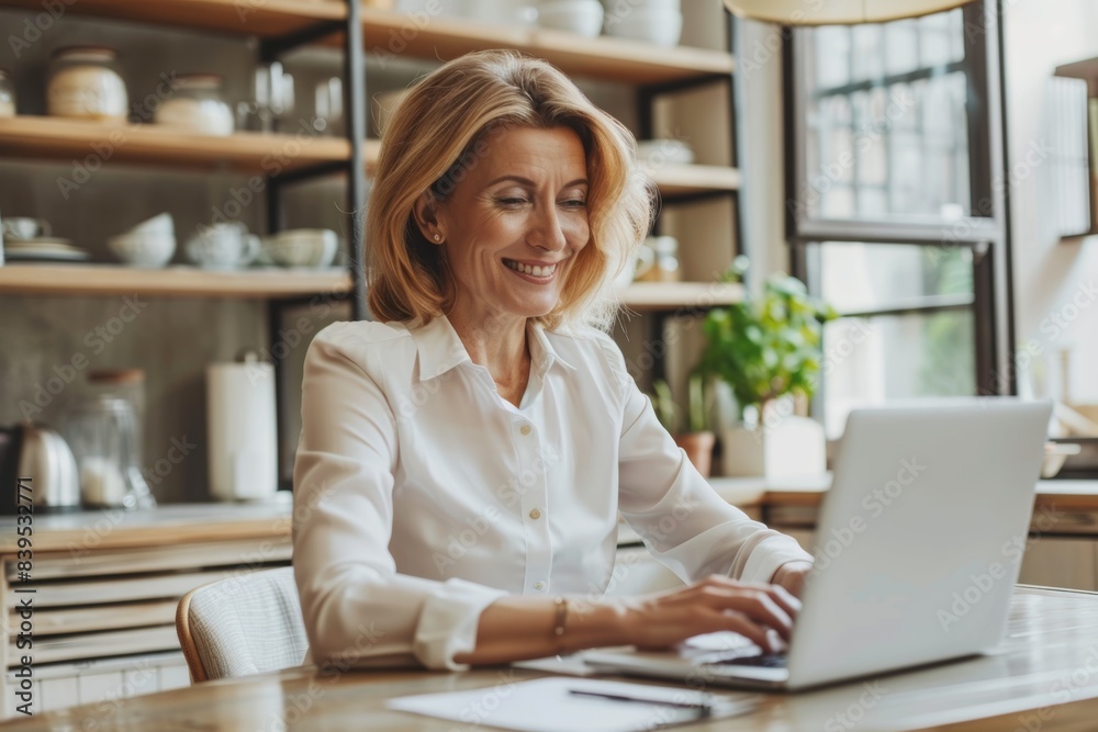 Woman working on laptop computer in home office