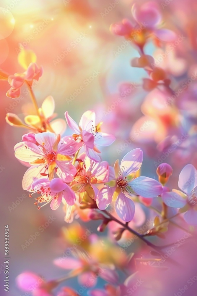 Abstract sunny spring background with vibrant colors and delicate blossoms, evoking renewal Abstract sunny spring background with vibrant colors and delicate blossoms, evoking renewal