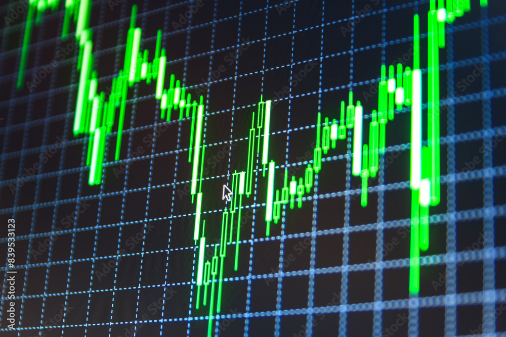Stock trading chart on monitor screen Financial diagram with candlestick chart used in market analysis for variation report of share price Finance concept Stock analyzing Green color Stock trading chart on monitor screen Financial diagram with candlestick chart used in market analysis for variation report of share price Finance concept Stock analyzing Green color
