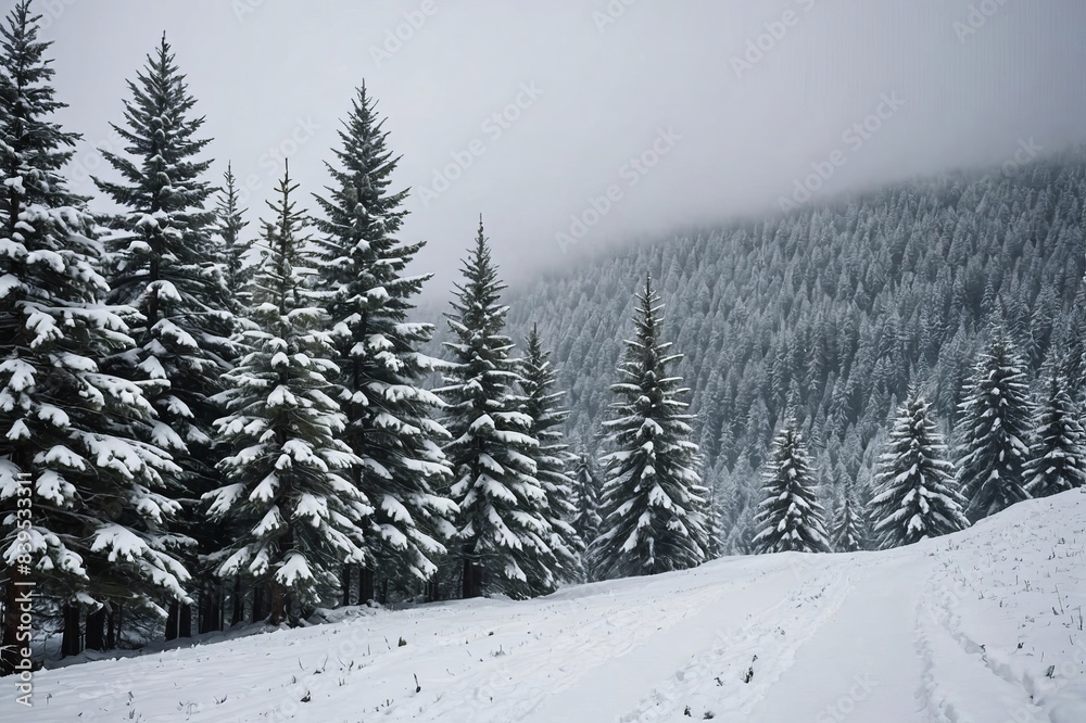 Naklejka premium Snowy pine trees snow landscape.