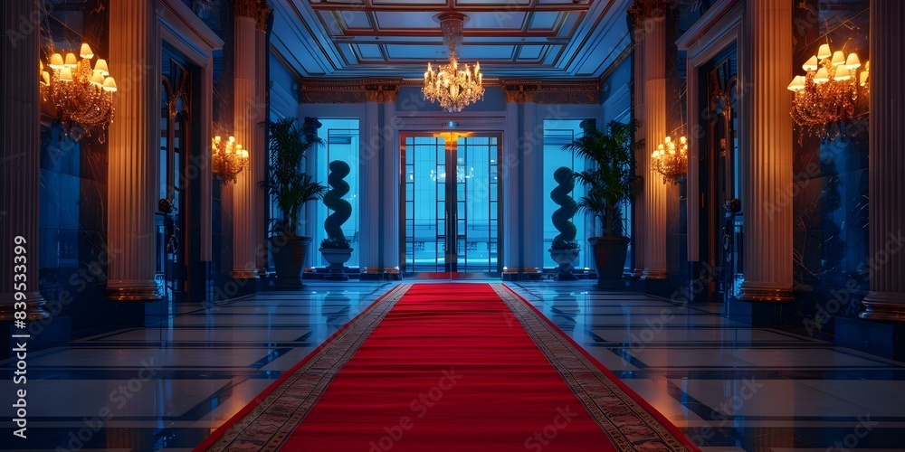Obraz premium Luxurious Digital Experience Enhanced VIP Entrance with Red Carpet. Concept Luxury Events, VIP Experience, Red Carpet Entrance, Digital Enhancements, Exclusive Access