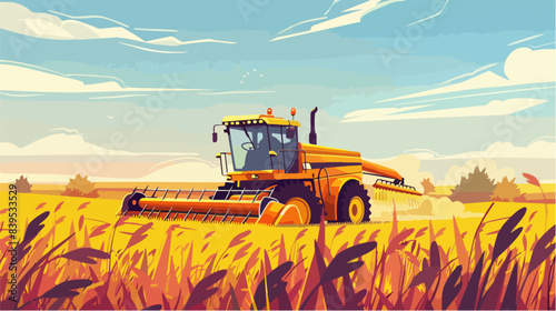 The yellow combine harvests the harvest. Wheat harvest.