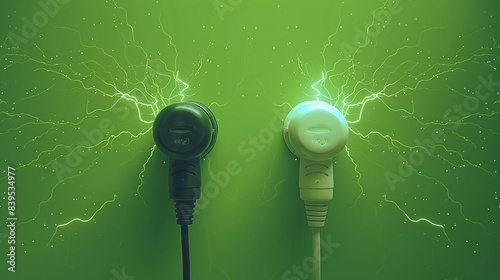 
Two electrical plug sockets, one on the left and one on the right, connected by a wire. The plug on the left has a black color, while the one on the right is white