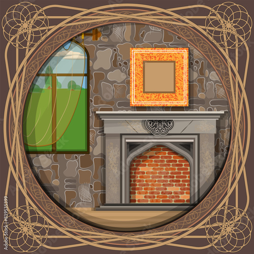 Room with fireplace and window in the old castle. Interior round picture in an elegant vintage frame. Vector illustration