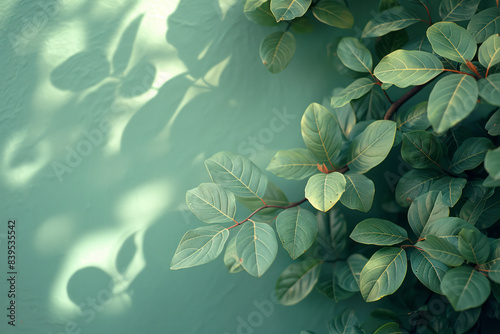 A mint green background with gentle fern leaves, harmonizing perfectly with the soft color, photo