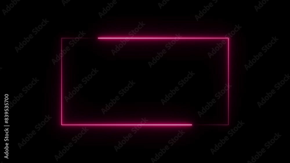 Animation of glowing neon light rectangle frame icon, abstract background and seamless loop line.