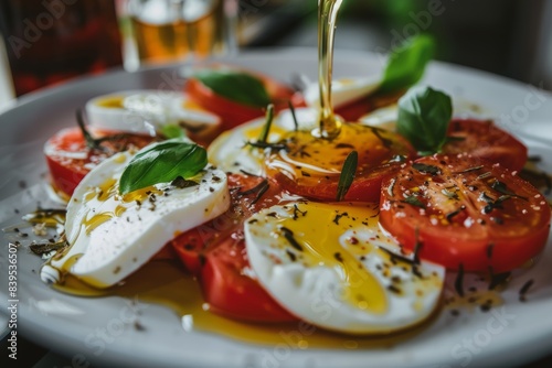 Pouring honey in tomatoes and mozzarella in a plate