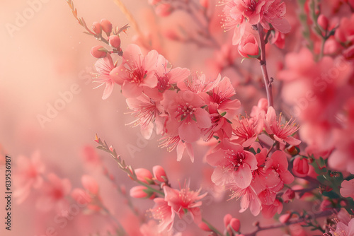 A soft peach background with delicate peach blossoms around the edges, enhancing the gentle tone,