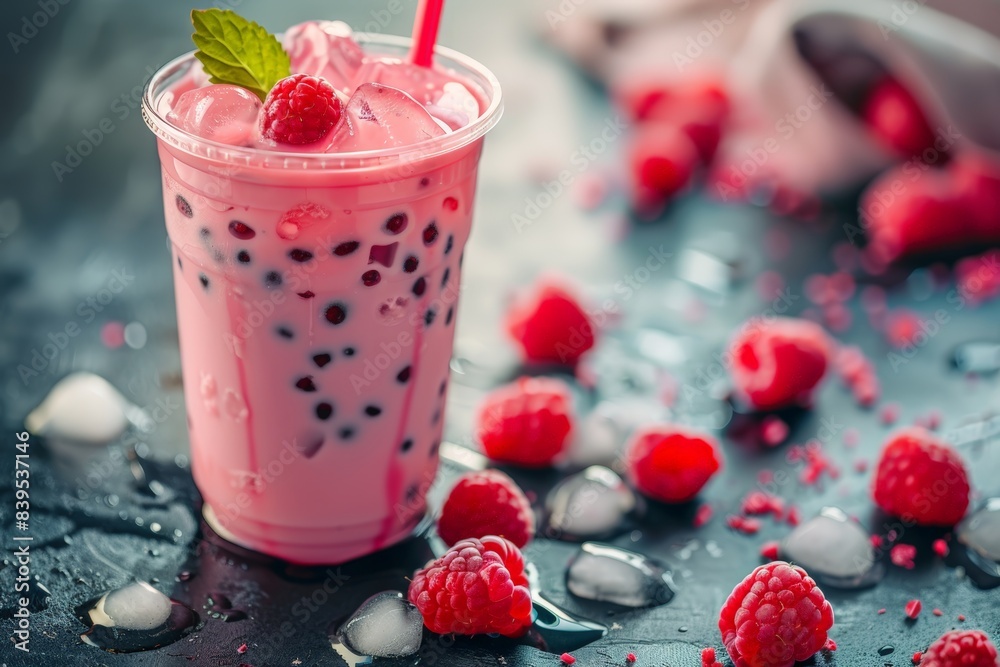 Raspberry ice bubble tea in glass Raspberry ice bubble tea in glass