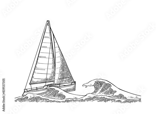 Sailing ship sails in stormy sea with big waves. Vector vintage engraving