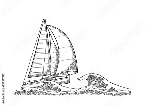 Sailing ship sails in stormy sea with big waves. Vector vintage engraving