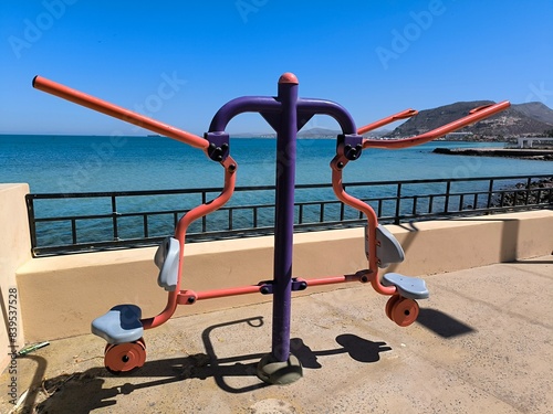 Device for exercising and strengthening the arms outdoors and in front of the Pacific Ocean