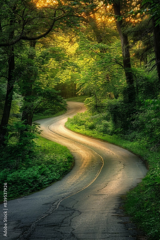 Fototapeta premium Empty asphalt road winding through lush green woods at sunset, bathed in warm golden light, evoking