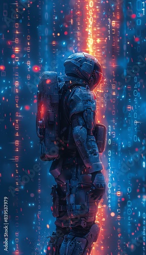 Futuristic astronaut in a digital matrix with binary codes, representing the intersection of technology and space exploration.