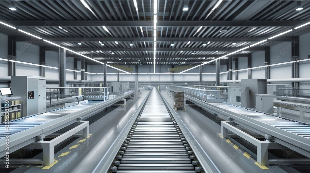Obraz premium Smart factory with empty conveyor system, efficient production line, industrial automation, minimalistic design, photorealistic, futuristic, manipulation, high-tech facility