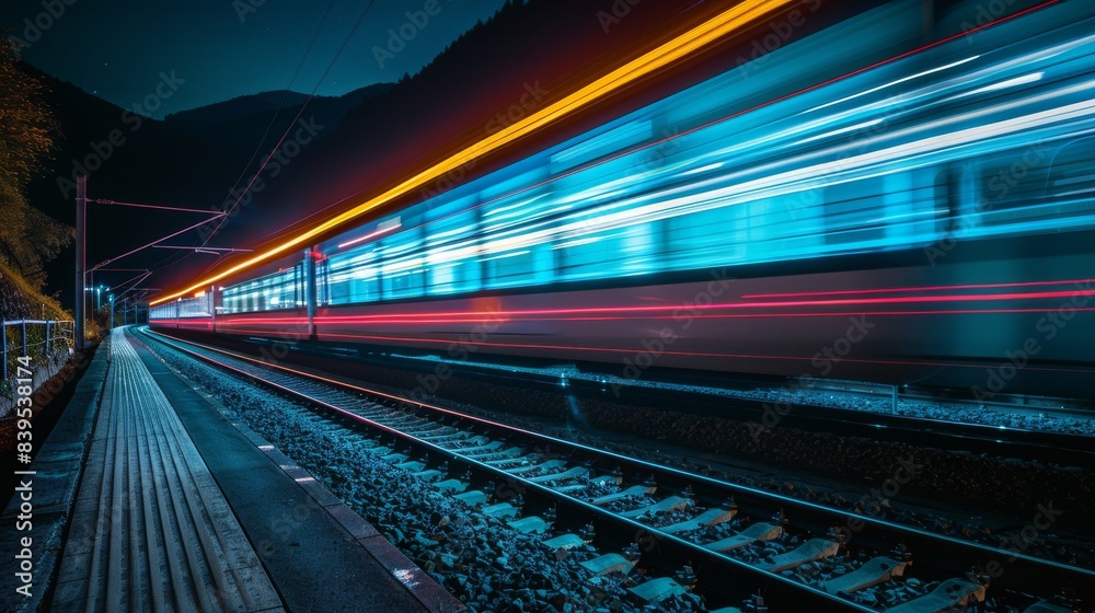 Fototapeta premium Vibrant train light trails blaze through the night in a forest setting, capturing shades of green, blue, and firebrick in stunning UHD.
