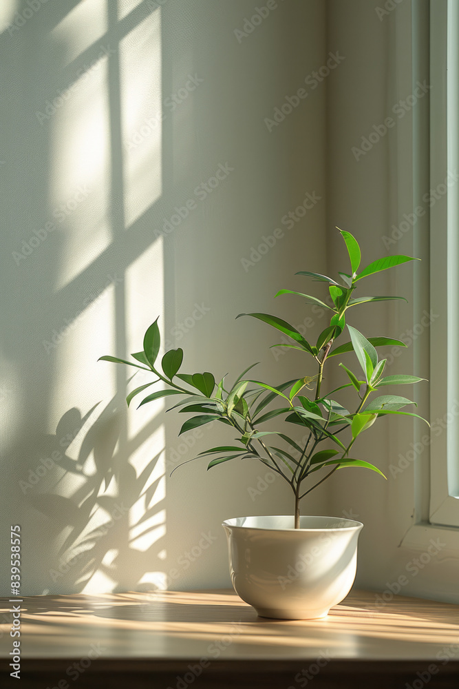 A minimalist photo zone featuring a single plant under soft, diffused lighting, casting delicate shadows, A minimalist photo zone featuring a single plant under soft, diffused lighting, casting delicate shadows,