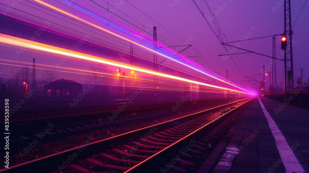 Naklejka premium Spectacular UHD image of a fast-moving train at night with mesmerizing light trails in rebecca purple, blue violet, and khaki colors.