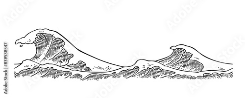 Sea waves. Vintage vector engraving black illustration. Isolated on white