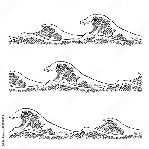 Sea waves. Vintage vector engraving black illustration. Isolated on white