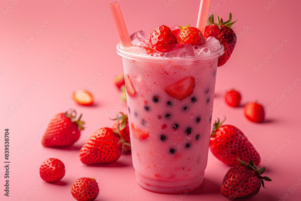 Strawberry bubble tea in glass