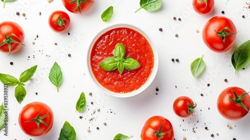 Top view, flat lay of fresh tomato sauce with basil and tomatoes on white background, ample copy space. Ideal for food photography and recipe visuals