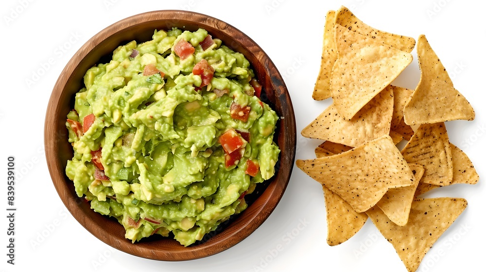 A bowl of chunky guacamole with tortilla chips. Fresh homemade avocado dip in a rustic style. Perfect for party snacks and appetizers. AI