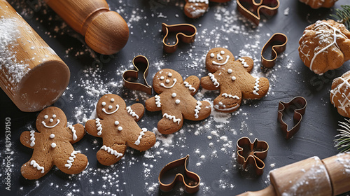 Gingerbread Man Making - Several beautifully decorated gingerbread men on a table with baking tools and ingredients around.
