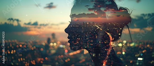 Double exposure of a city at night and a woman's face photo