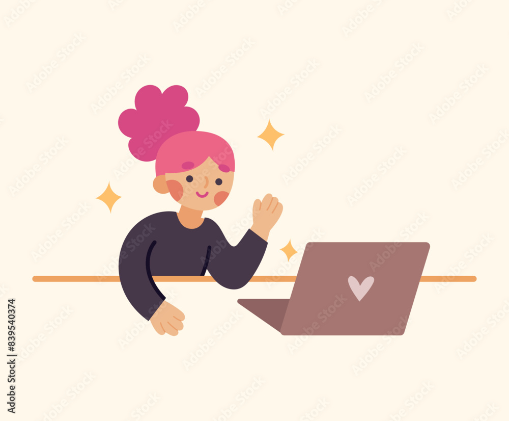 Vector illustration of cute girl working with a computer and abstract elements Vector illustration of cute girl working with a computer and abstract elements