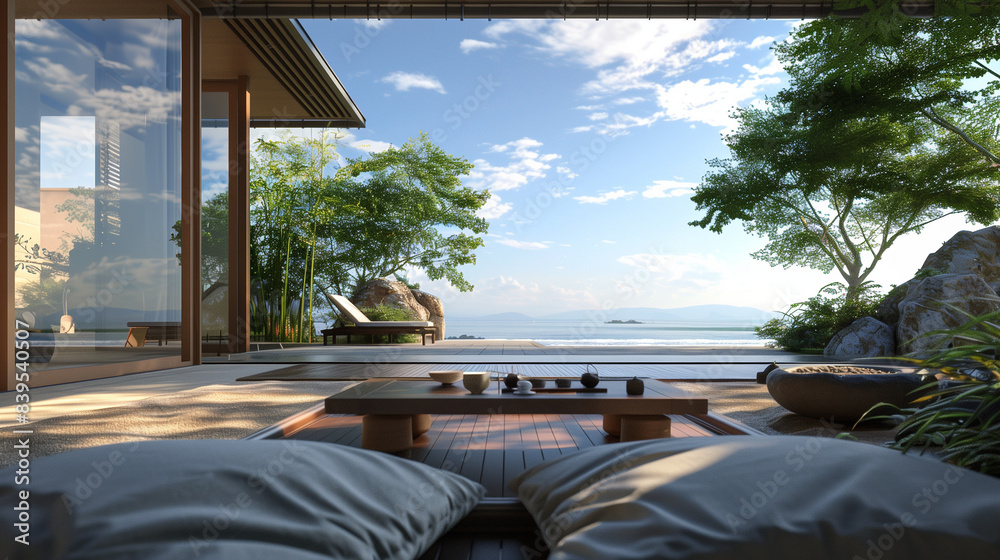 Fototapeta premium Zen outdoor seating area with ocean view