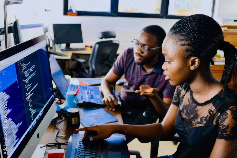 A woman is pointing at the computer screen in front of her, and she has an african american man sitting next to him with his hands on top of each other. A woman is pointing at the computer screen in front of her, and she has an african american man sitting next to him with his hands on top of each other.