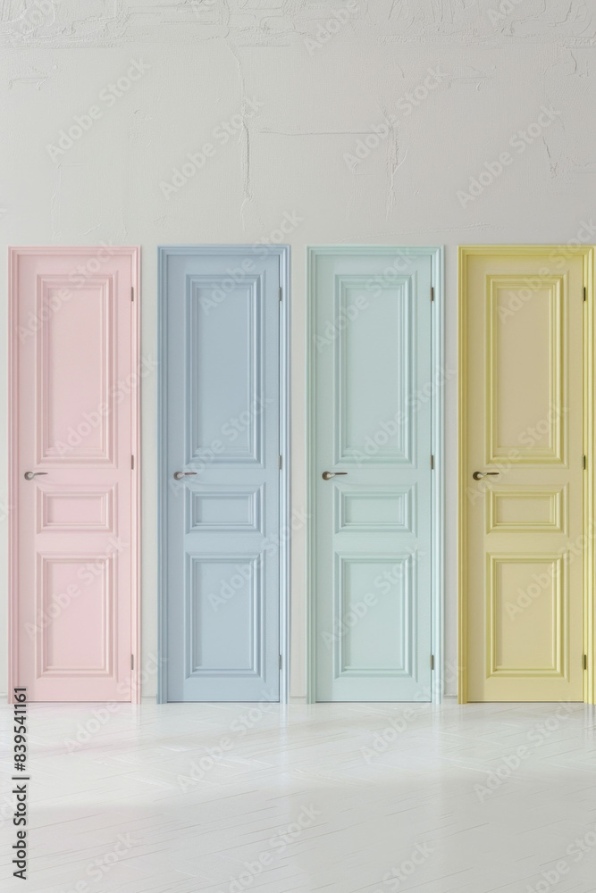 A straight line of doors, each painted a different pastel color. The minimalist style emphasizes the subtle differences in color. 