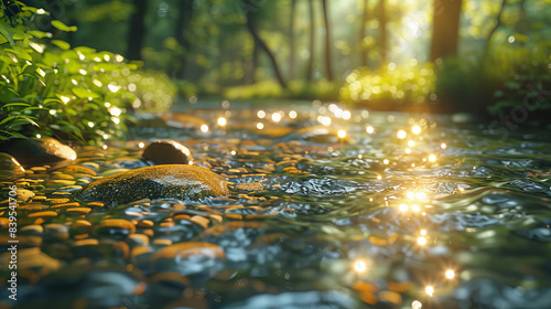 Sunlit Stream with Sparkling Water in Forest - A tranquil forest stream with sunlight creating sparkling reflections on the water, surrounded by lush greenery. Serene nature scene.