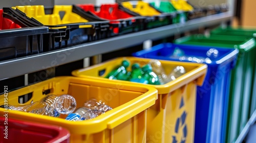 Wallpaper Mural Colorful recycling bins with bottles and materials promoting eco-friendly habits and efficient waste management in a facility. Torontodigital.ca